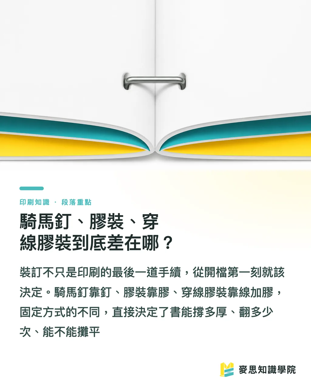 騎馬釘、膠裝、穿線膠裝到底差在哪?|裝訂方式怎麼挑:騎馬釘、膠裝、穿線膠裝一次講清楚 段落重點