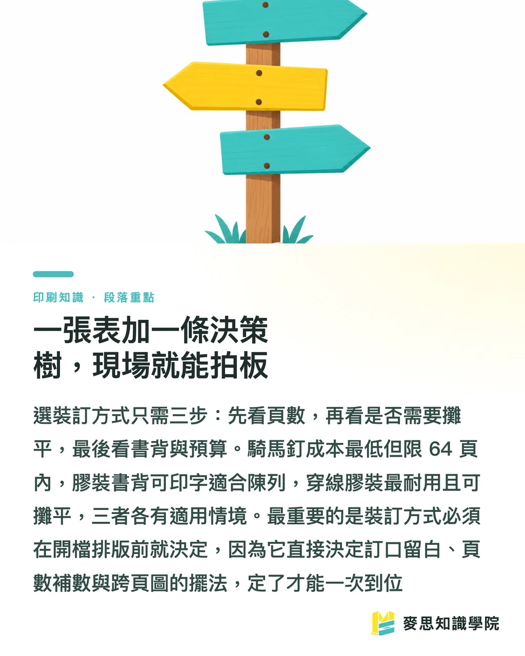 一張表加一條決策樹,現場就能拍板|裝訂方式怎麼挑:騎馬釘、膠裝、穿線膠裝一次講清楚 段落重點