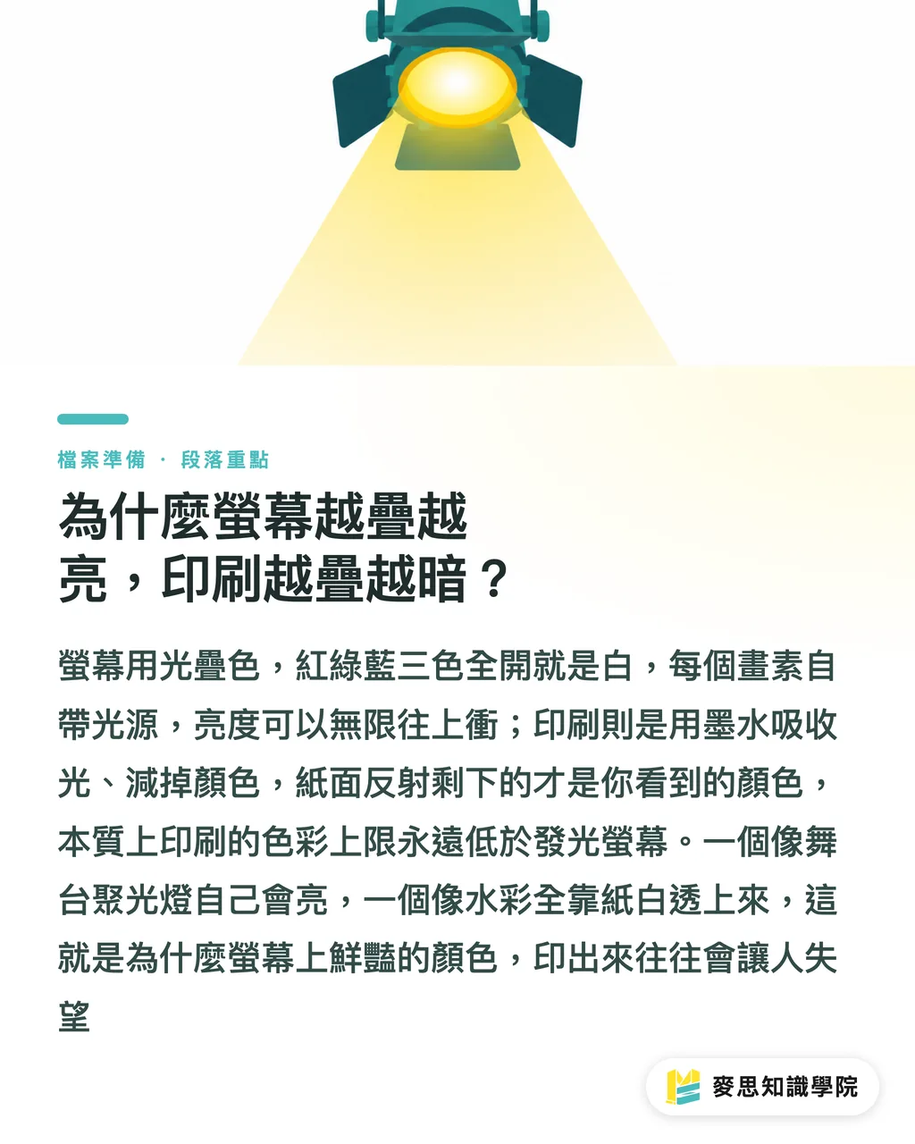 為什麼螢幕越疊越亮，印刷越疊越暗？｜螢幕看到的鮮綠，印出來為什麼變濁？CMYK 與 RGB 一次講清楚 段落重點