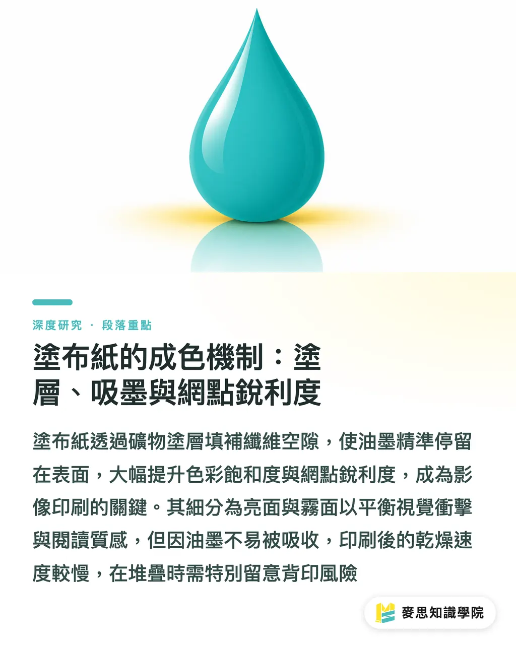 塗布紙的成色機制：塗層、吸墨與網點銳利度｜塗布與非塗布紙的選擇邏輯：銅版、雪銅、道林的機制與決策 段落重點