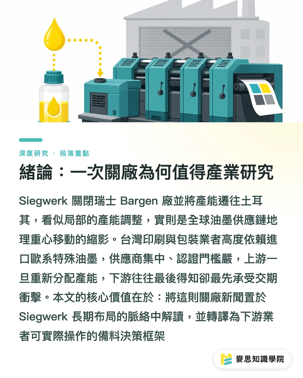 緒論：一次關廠為何值得產業研究｜Siegwerk 關廠瑞士：油墨供應鏈韌性與台廠備料風險的重估 段落重點